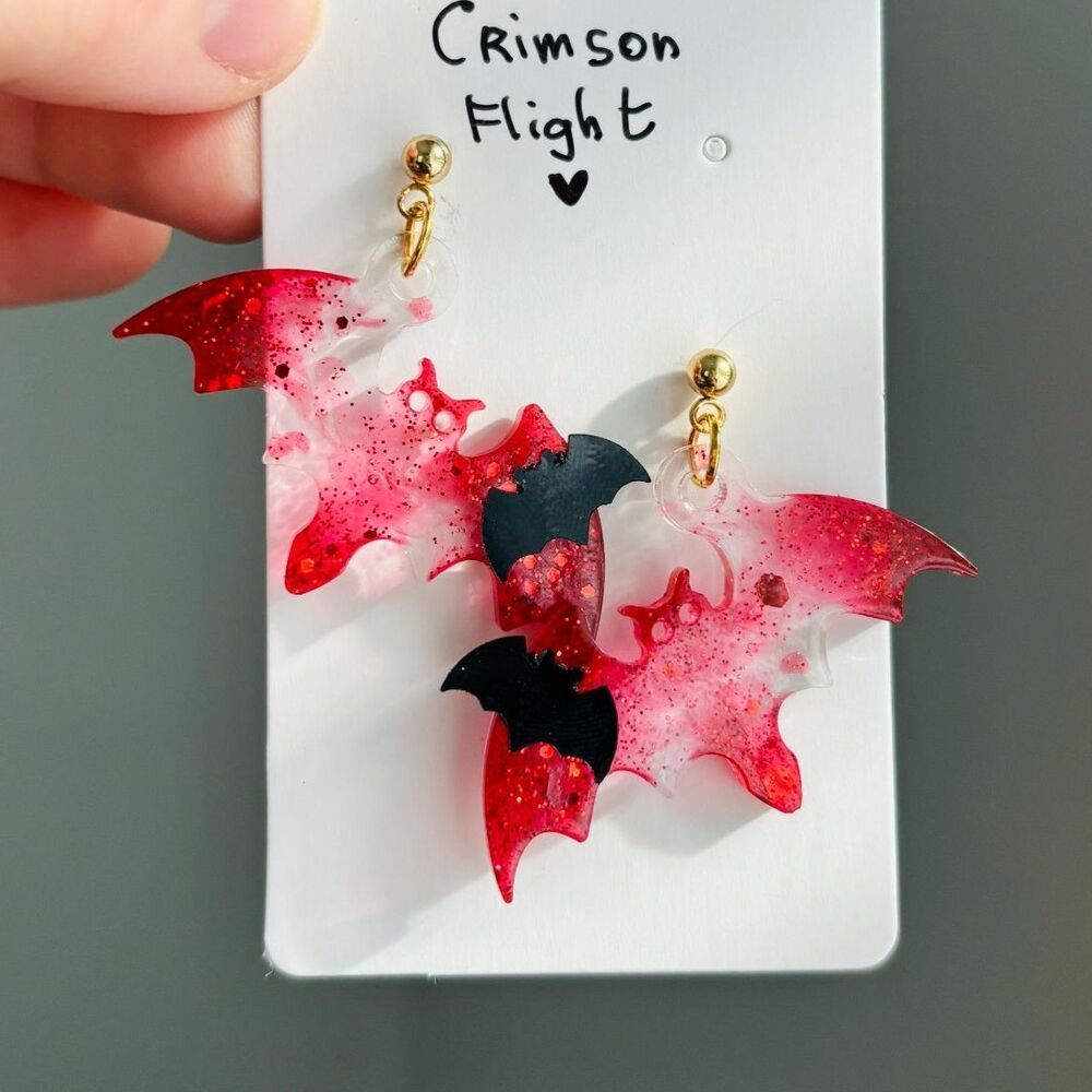 Blood Red Bat Earrings Black Bats, Dark Romantic Gothic Jewelry, Vamp Halloween